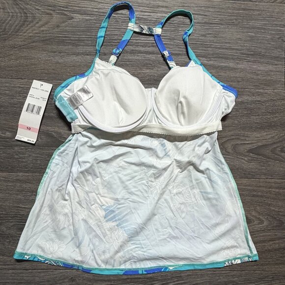 Beach House Tankini Top Size 10 Coastal Floral Tropical Hawaiian Blue White NEW - Picture 8 of 9